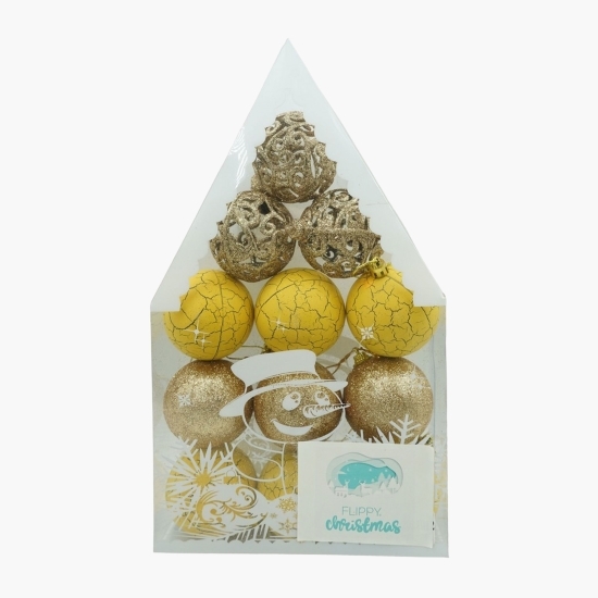 Set 12 ornamente de brad, tip glob, auriu/galben