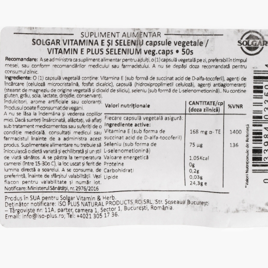 Vitamina E + Seleniu fără drojdie 50 capsule vegetale