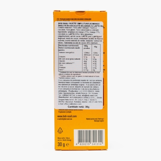 Dulciuri naturale fără zahăr din mango trase în ciocolată cu lapte belgiană 30g