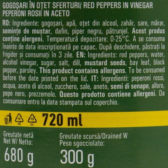 Gogoșari sferturi în oțet 680g