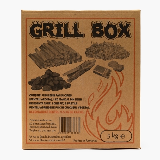 Set aprindere grătar Grill Box 5kg (lemn fag și cireș, mangal din lemn esență tare, chibrit, pastile pentru aprindere)