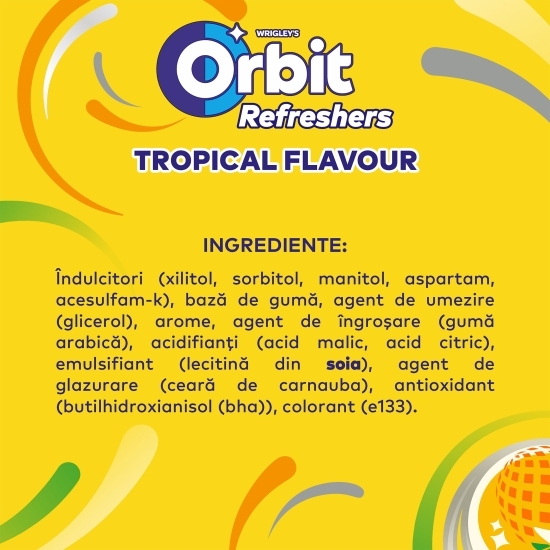 Gumă de mestecat Refreshers Tropical fără zahăr, cu îndulcitori și arome de fructe 30 buc, 67g