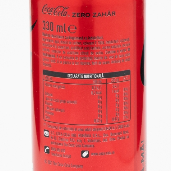 Băutură carbogazoasă cola zero zahăr doză 6x0.33l