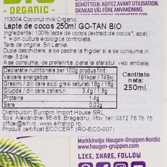 Lapte de cocos ecologic 18% grăsime 250ml 