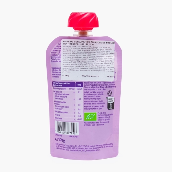 Piure ECO de mere, piersici și fructe de pădure pentru copii, +8 luni, 100g