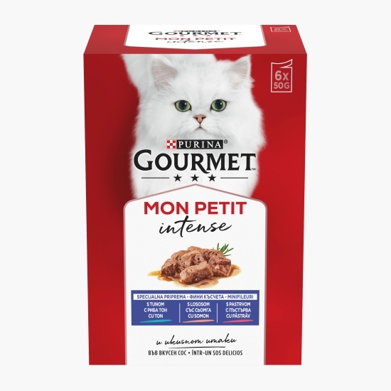 Hrană umedă pentru pisici, 6x50g cu somon, ton, păstrăv în sos