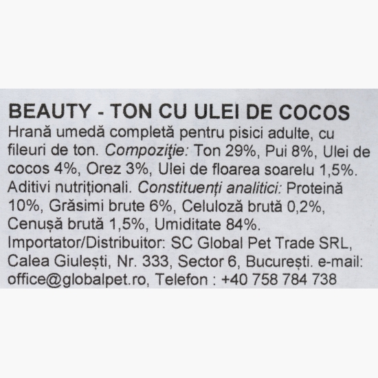 Hrană umedă pentru pisici adulte, cu fileuri de ton și ulei de cocos, 70g