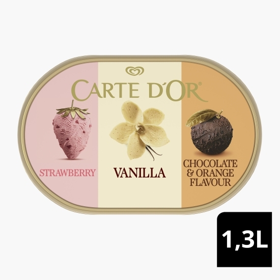 Înghețată de căpșuni, vanilie, ciocolată cu aromă de portocală 1.3l