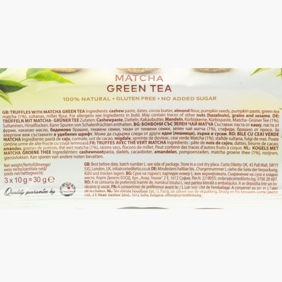 Trufe vegane cu ceai verde Matcha, fără zahăr adăugat, 30g