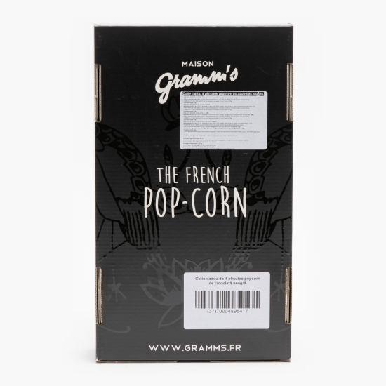Cutie cadou 4 pliculețe popcorn cu ciocolată neagră 120g