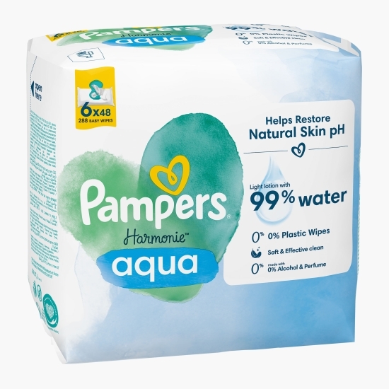 Șervețele umede Harmonie Aqua, 0% plastic, 6 pachete x 48, 288 buc