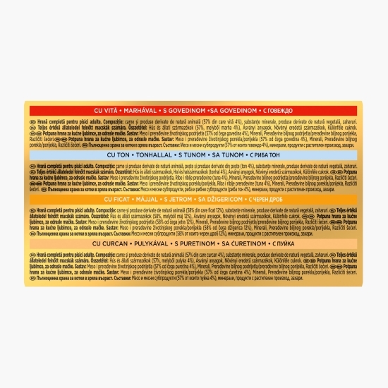 Hrană umedă pentru pisici, 4x85g, Multipack Mousse vită, ton, ficat și curcan