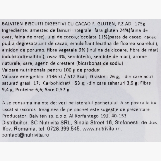 Biscuiți digestivi cu cacao, fără zahăr adăugat și fără gluten 175g