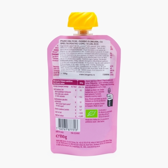 Piure ECO de pere, piersici, zmeură și spelta pentru copii, +8 luni, 100g