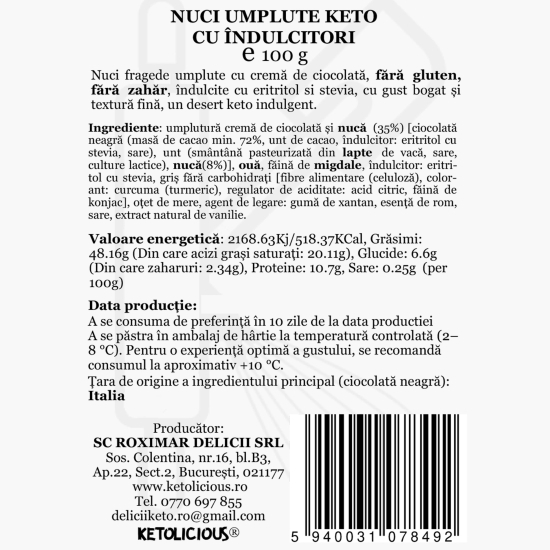 Nuci keto umplute cu ciocolată, cu îndulcitori 100g