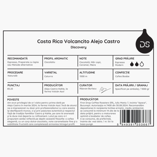 Costa Rica Volcancito Alejo Castro 1kg cafea de specialitate boabe