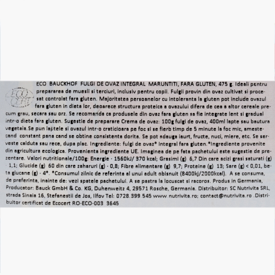 Fulgi de ovăz eco mărunțiți, fără gluten 475g