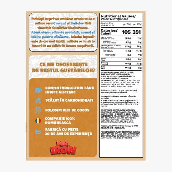 Pufuleți cu aromă de brânză cheddar, cu 30% proteină, fără zahăr și fără gluten, low carb 100g