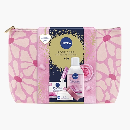 Set cadou Rose Care: Gel-cremă cu apă de trandafiri 50ml + Apă micelară cu apă de trandafiri 400ml + Balsam de buze Soft Rose 4.8m + geantă cadou