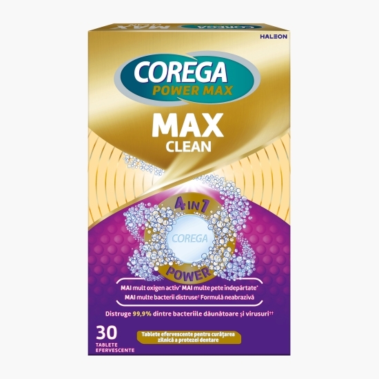 Tablete efervescente pentru curățarea zilnică a protezei dentare, dublă putere, Max Clean, 30 tablete
