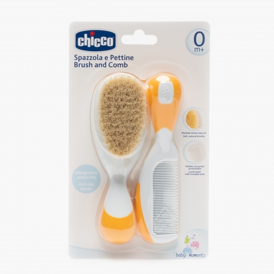 Set pieptăn + perie din păr natural pentru copii, galben, +0 luni