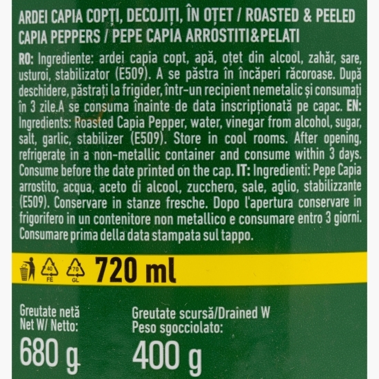 Ardei capia copți și decojiți, în oțet, 680g