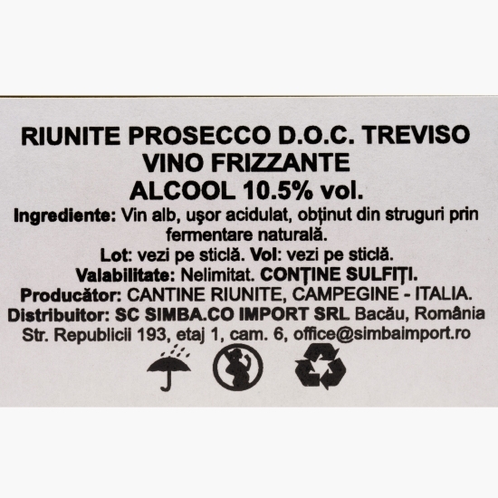 Vin spumant alb extra dry Prosecco Frizzante, 10.5%, 0.75l