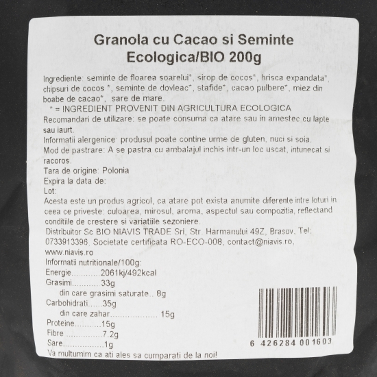 Granola cu cacao și semințe ecologică 200g