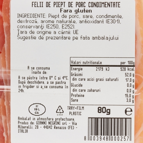 Pancetta, piept de porc feliat și condimentat 80g