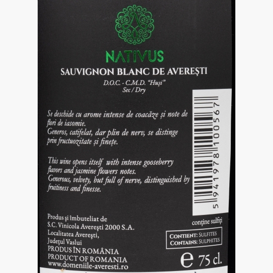 Vin alb sec Nativus Sauvignon Blanc, 13.5%, 0.75l