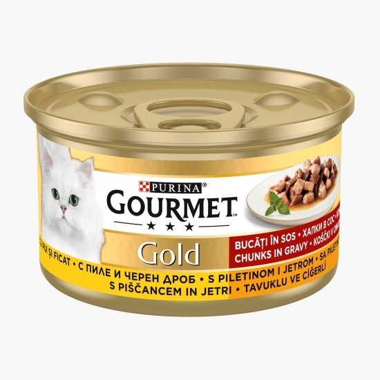 Hrană umedă pentru pisici, 85g, Mini fileuri în sos cu pui și ficat