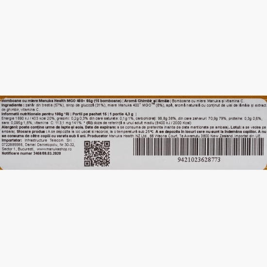 Bomboane cu miere de Manuka MGO 400+, Vitamina C, ghimbir, 65g