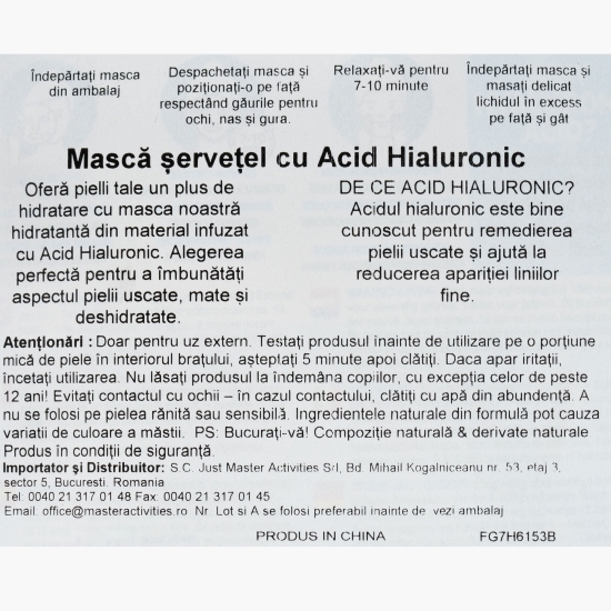 Mască șervețel cu Acid Hialuronic 