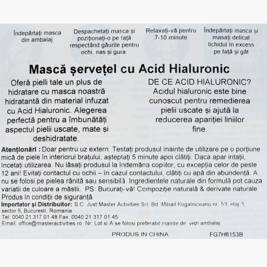 Mască șervețel cu Acid Hialuronic