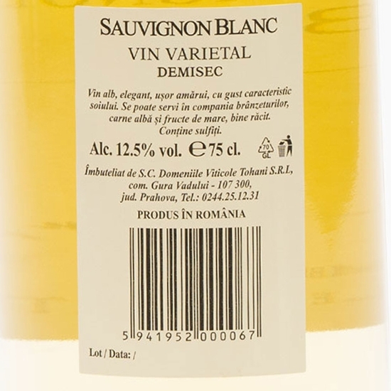 Vin alb demisec Sauvignon Blanc, 12.5%, 0.75l 
