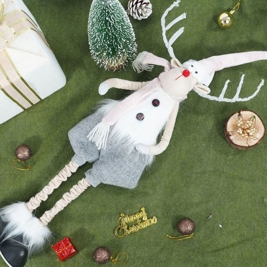 Ornament de Crăciun ren cu picioare telescopice, gri/alb, textil, 100cm