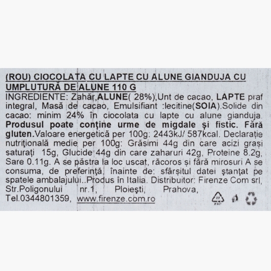 Ciocolată cu lapte cu alune Gianduja, cu umplutură de alune 110g