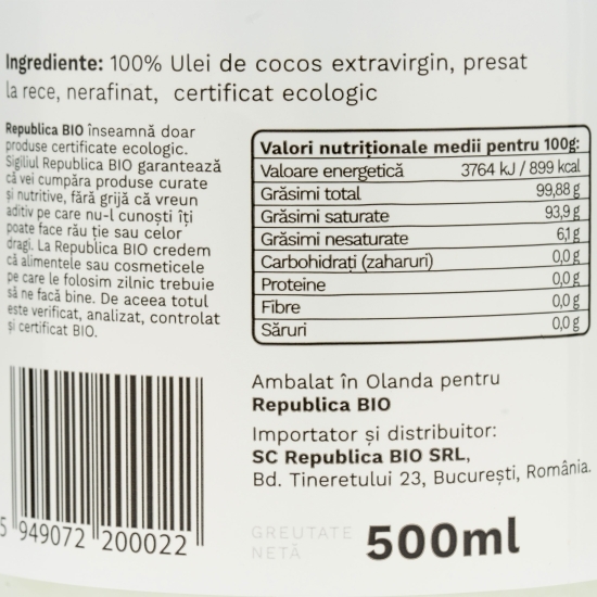 Ulei de cocos ecologic extravirgin, presat la rece 500ml