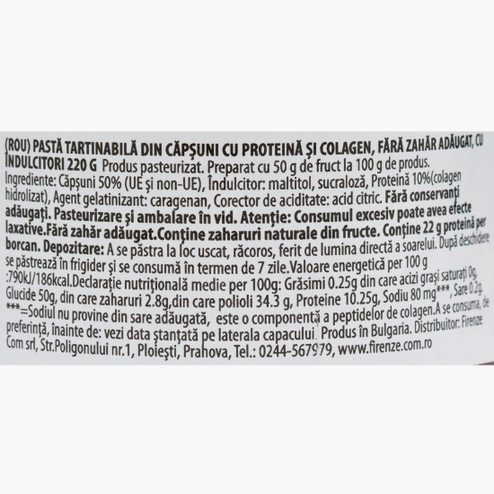 Pastă tartinabilă din căpșune, cu proteină și colagen, fără zahăr adăugat, 220g