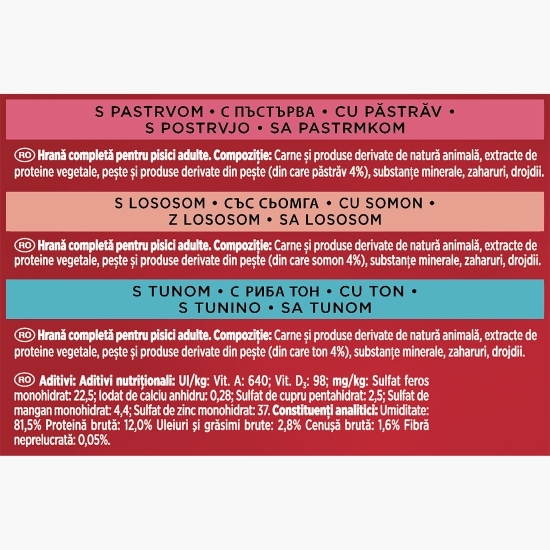 Hrană umedă pentru pisici, 6x50g cu somon, ton, păstrăv în sos