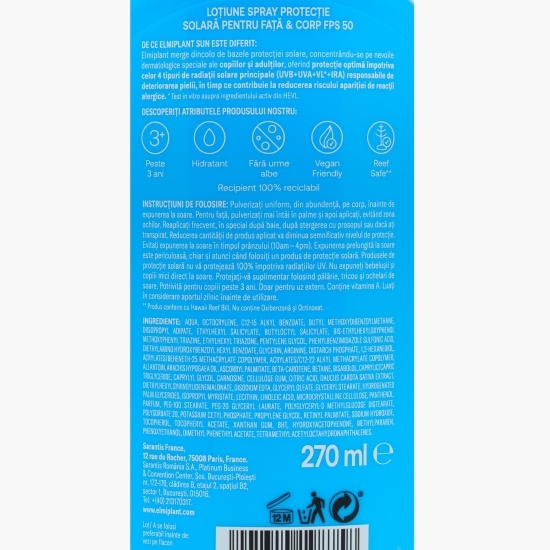 Loțiune spray pentru față și corp cu protecție solară Family SPF 50, 270ml