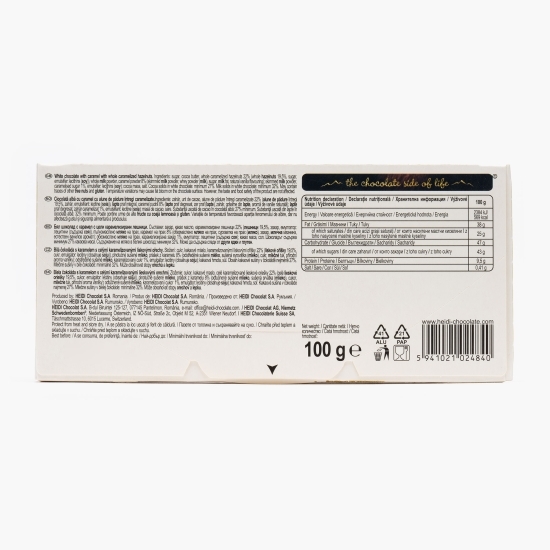 Ciocolată albă cu caramel cu alune de pădure întregi caramelizate 100g