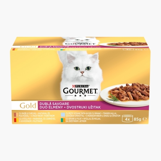 Hrană umedă pentru pisici, 4x85g, Multipack vită + pui, iepure + ficat, pește oceanic în sos cu spanac, rață + curcan