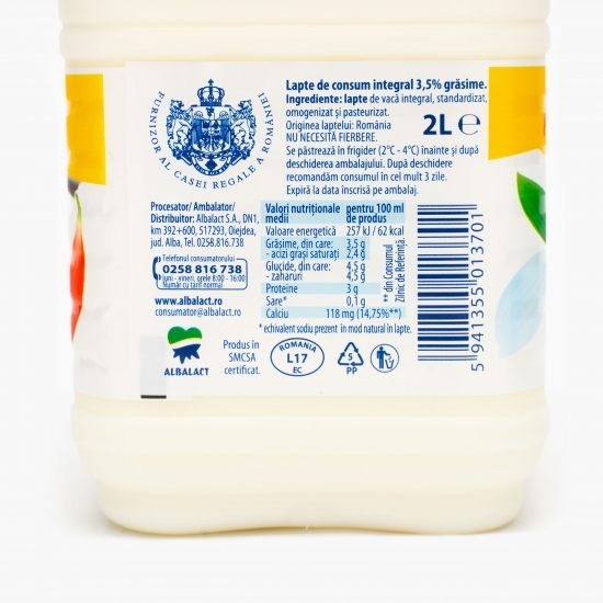 Lapte integral 3,5% grăsime 2l
