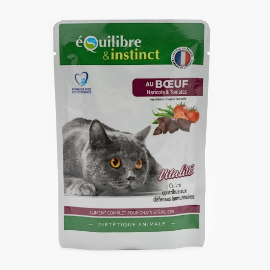 Hrană umedă pentru pisici, 85g, cu vită, mazăre și fasole verde