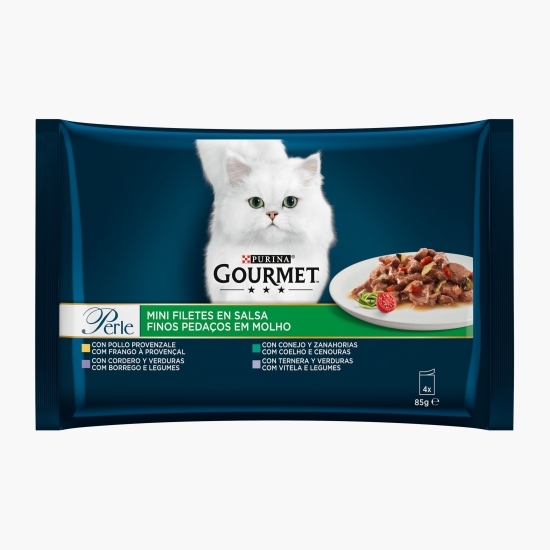 Hrană umedă pentru pisici, 4 x 85g, Perle cu vițel și legume/iepure și morcovi/miel și legume în sos