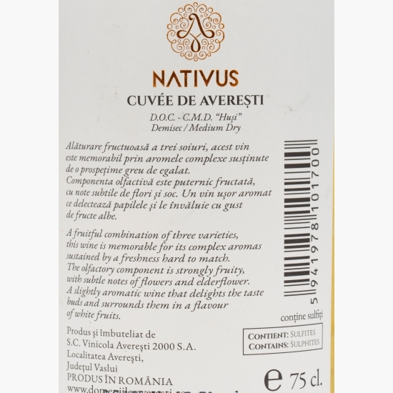 Vin alb demisec Nativus Cupaj, 12.5%, 0.75l