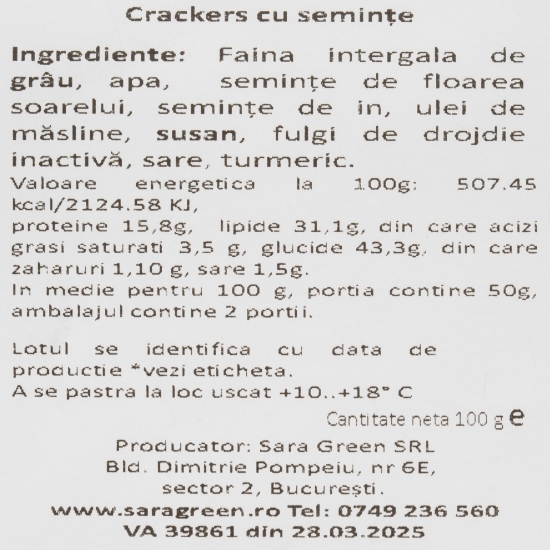 Crackers cu făină integrală și semințe 100g