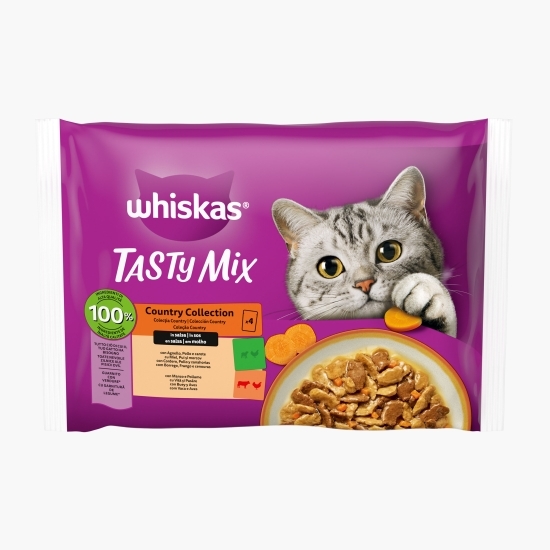Hrană umedă pentru pisici, 4x85g, Tasty Mix cu miel, pui și morcov, vită și pasăre, în sos