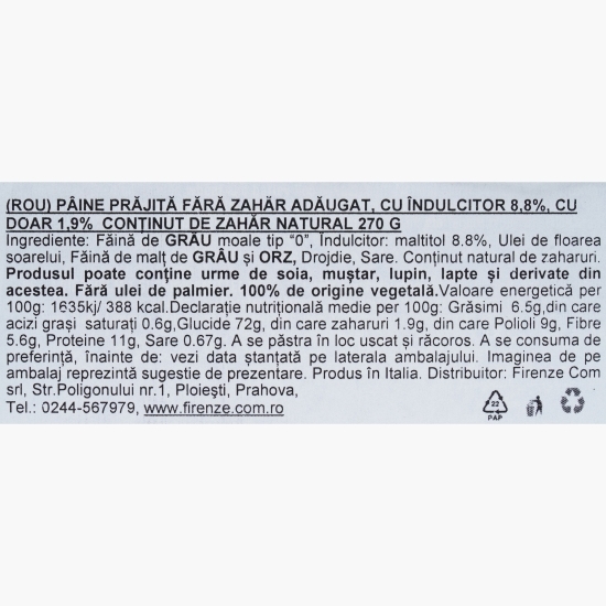 Pâine prăjită fără zahăr adăugat, cu îndulcitor, 270g